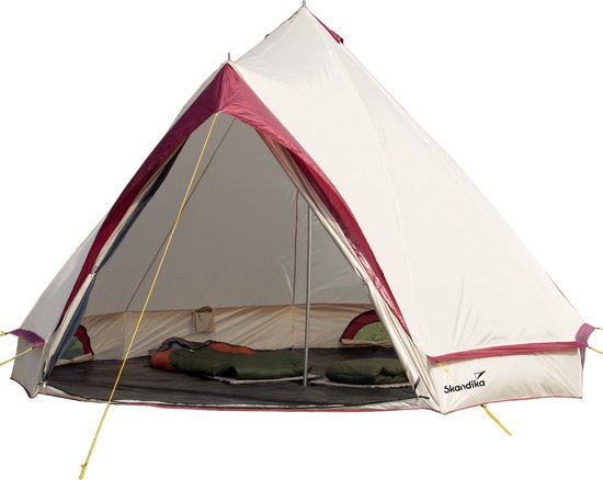Skandika Comanche Tipi Tent – Tipi – Teepee – Campingtent – Voor 8 personen  – Muggengaas – 250 cm stahoogte – Ingenaaide Tentvloer – 3000 mm waterkolom  – Indische tent, Partytent, Festivaltent – Outdoor, Camping, Tuin – Kamperen – beige/burgundy van Skandika
