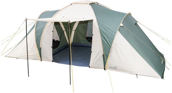 Skandika Daytona 6 Tent – Koepeltenten – 6 persoons tent – Muggengaas – 195 cm stahoogte – Familietent met 3 slaapcabines – 530 x 370 x 195 cm (L x B x H) - 3000 mm waterkolom – Kampeertent voor familie en vrienden – Kamperen – groen/beige van Merkloos