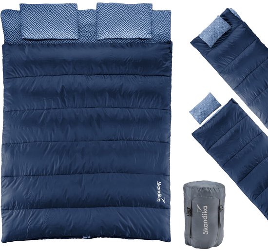 Skandika Doppelslaapzak Iceland Double - Slaapzak voor 2 Personen 3 Seizoenen, met/zonder flanel, katoen, kussen, 220 x 150 cm, als enkel slaapzak te gebruiken | Deken slaapzak (Flanel | Indigo) van Merkloos
