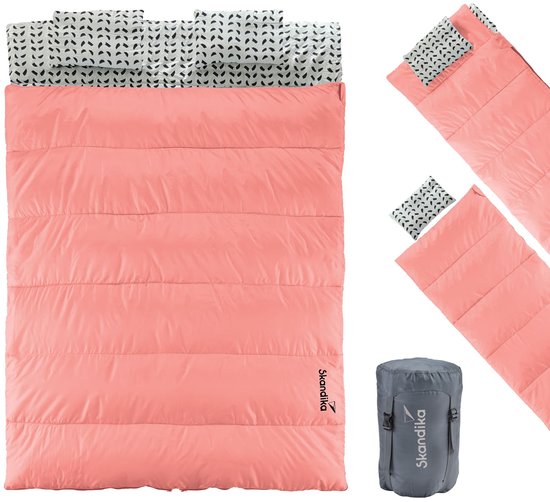 Skandika Doppelslaapzak Iceland Double - Slaapzak voor 2 Personen 3 Seizoenen, met/zonder flanel, katoen, kussen, 220 x 150 cm, als enkel slaapzak te gebruiken | Deken slaapzak (Zalm) van Merkloos