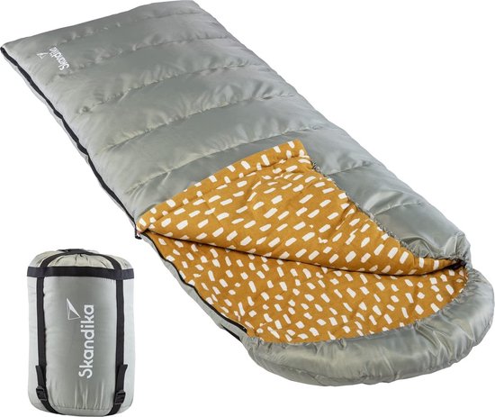 Skandika Dundee Flannel-L Slaapzak – Dekenmodel slaapzakken – Slaapzakken volwassen - Maat M – Unisex - Katoen, luxe kwaliteit, dubbele slaapzak, 3 seizoenen, tot -20°C - 220 x 80 cm - Outdoor kampeerslaapzak – Ritssluiting links - grijs/geel van Skandika