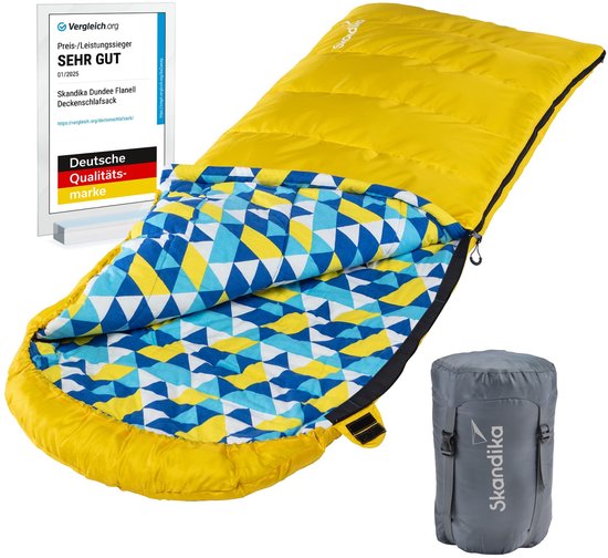 Skandika Dundee Flannel-L Slaapzak – Dekenmodel slaapzakken – Slaapzakken volwassen – Unisex - Katoen, luxe kwaliteit, dubbele slaapzak, 3 seizoenen, tot -20°C - 220 x 80 cm - Outdoor kampeerslaapzak – Ritssluiting links – geel/blauw van Merkloos