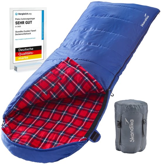 Skandika Dundee Flannel-R Slaapzak – Dekenmodel slaapzakken – Slaapzakken volwassen - Maat M – Unisex - Katoen, luxe kwaliteit, dubbele slaapzak, 3 seizoenen, tot -20°C - 220 x 80 cm - Outdoor kampeerslaapzak – Ritssluiting rechts - blauw/rood van Skandika