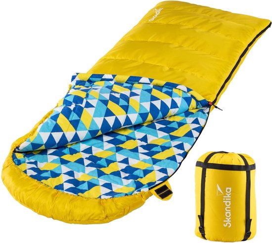 Skandika Dundee Flannel-R Slaapzak – Dekenmodel slaapzakken – Slaapzakken volwassen - Maat M – Unisex - Katoen, luxe kwaliteit, dubbele slaapzak, 3 seizoenen, tot -20°C - 220 x 80 cm - Outdoor kampeerslaapzak – Ritssluiting rechts - geel/blauw van Skandika