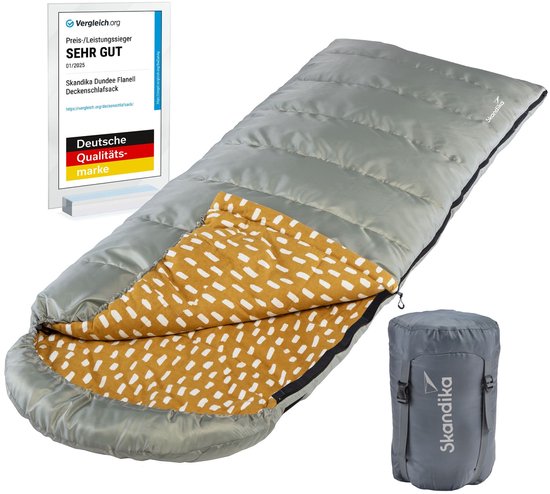 Skandika Dundee Flannel-R Slaapzak – Dekenmodel slaapzakken – Slaapzakken volwassen - Maat M – Unisex - Katoen, luxe kwaliteit, dubbele slaapzak, 3 seizoenen, tot -20°C - 220 x 80 cm - Outdoor kampeerslaapzak – Ritssluiting rechts - grijs/geel