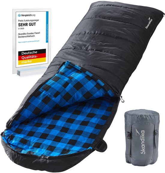 Skandika Dundee Flannel-R Slaapzak - Dekenmodel slaapzakken – Slaapzakken volwassen - Maat M – Unisex - Katoen, luxe kwaliteit, dubbele slaapzak, 3 seizoenen, tot -20°C - 220 x 80 cm - Outdoor kampeerslaapzak – Ritssluiting rechts - zwart/blauw