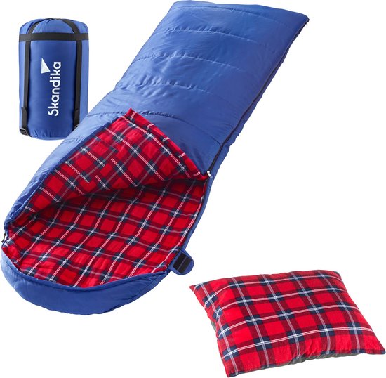 Skandika Dundee Flannel Slaapzak Bundle – Slaapzakken – Slaapzakken volwassen -  Unisex - Katoen, luxe kwaliteit, dubbele slaapzak, 3 seizoenen, comforttemperatuur tot -20°C - 220 x 80 cm - Outdoor kampeerslaapzak - Kamperen -blauw/rood van Skandika