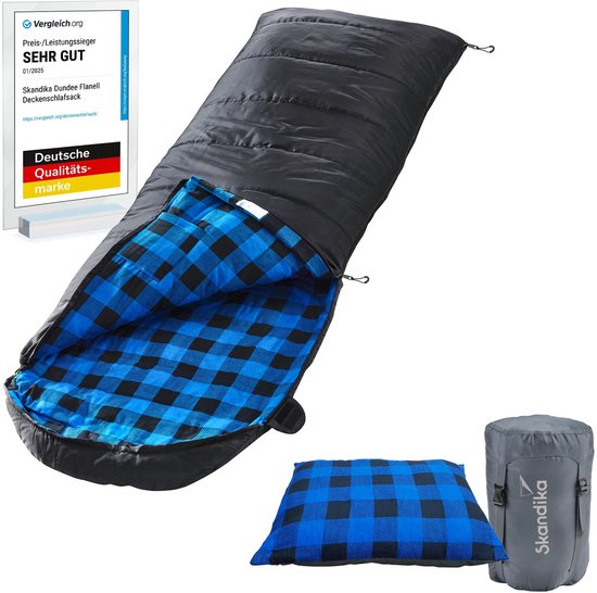 Skandika Dundee Flannel Slaapzak Bundle – Slaapzakken – Slaapzakken volwassen -  Unisex - Katoen, luxe kwaliteit, dubbele slaapzak, 3 seizoenen, comforttemperatuur tot -20°C - 220 x 80 cm - Outdoor kampeerslaapzak - zwart/blauw van Merkloos