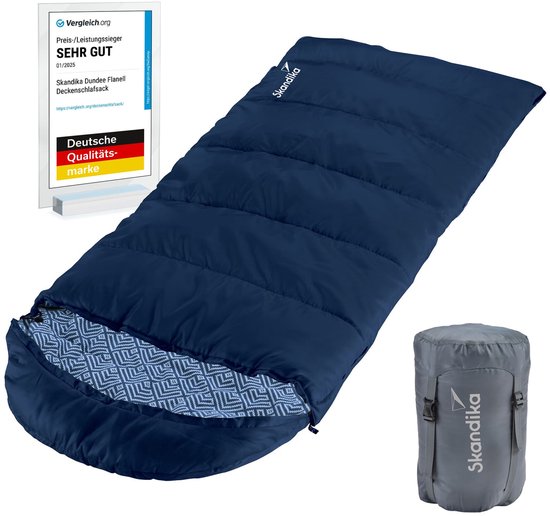 Skandika Dundee Junior Kinderslaapzak – Dekenmodel slaapzakken - Slaapzakken kinderen - Outdoor kampeerslaapzak voor kinderen met draagtas – Zacht materiaal van katoen – Waterafstotend – Comfort bereik van 10 tot 2°C, 175 (145+30) x 70 cm – indigo van Skandika