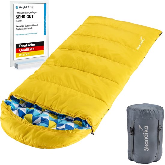 Skandika Dundee Junior Kinderslaapzak – Slaapzakken kinderen - Outdoor kampeerslaapzak voor kinderen met draagtas – Flanellen voering van katoen – Zacht materiaal – Waterafstotend –  Comfort bereik van 13 tot 3°C, 175 x 70 cm  - geel/flanell blauw van Skandika