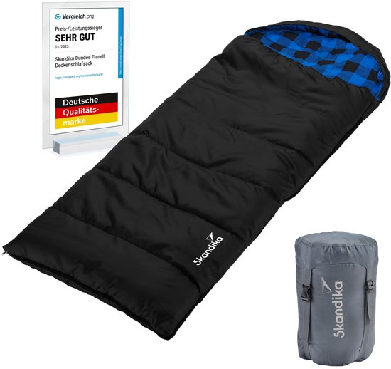 Skandika Dundee Junior Kinderslaapzak – Slaapzakken kinderen - Outdoor kampeerslaapzak voor kinderen met draagtas – Flanellen voering van katoen – Zacht materiaal – Waterafstotend –  Comfort bereik van 13 tot 3°C, 175 x 70 cm  - zwart/blauw van Merkloos