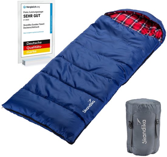 Skandika Dundee Junior Slaapzak – Dekenmodel slaapzakken – Slaapzak kinderen – Zachte binnenvoering, katoen, waterafstotend, draagtas meegeleverd, van 13°C tot 3°C - 160 x 62 cm - Outdoor kampeerslaapzak – Max. Lichaamslengte 140 cm - blauw/rood