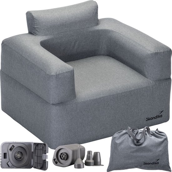 Skandika Easy Air Single Luchtsofa – Campingstoel - Opblaasbare zitstoel voor buiten, met elektrische pomp, voor 1 persoon, oplaadbaar met USB-oplaadkabel, logeerbed, tot 200 kg, draagtas luchtbank, camping – 100 x 80 x 78 cm (L x B x H) - grijs van Skandika
