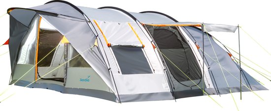 Skandika Egersund 7 XL Sleeper Protect Tunneltent – Tunneltenten - 7 persoons familietent – Kampeertent met Sleeper technology (extra donkere slaapcabines) en ingenaaide tentvloer – Waterdicht, verduisterend – 495x370x200 cm (LxBxH) – grijs/oranje van Skandika