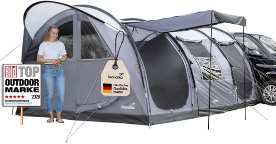 Skandika Esbjerg 4 Voortent – Tenten – Voortent vrijstaant voor auto, – Voor 4 personen – Ingenaaide tentvloer - Tunneltent – 2.1m stahoogte  – 2 slaapcabines – 480 x 320 x 210 cm (L x B x H) - 5000 mm waterkolom – Kamperen – sand