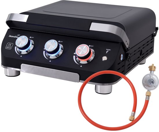 Skandika gasplancha Palo - Gas plancha grillplaat met deksel, 3 branders, lekbak, draagbare gasgrill met kookplaat | Outdoor, camping, balkongrill, tafelgrill, grillplancha, gasbarbecue van Merkloos