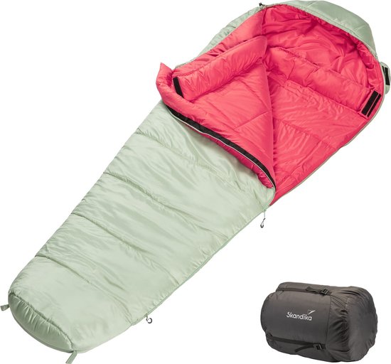 Skandika Gjora slaapzak – Mummieslaapzakken - Mummieslaapzak voor volwassenen, 3 - 4 seizoenen, nylon ripstop, compact, waterafstotend, pakzak – 205 x 80/50 cm (L x B) - Outdoor, kamperen, wandelen, winter – groen/rood van Skandika