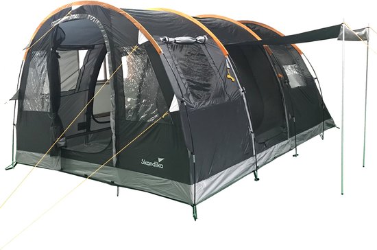 Skandika Gotland 4 Tent – Tenten – Campingtent – Voor 4 personen – Tunneltent – 210 cm stahoogte - Muggengaas – Familietent - Deelbare slaapcabine – 480 x 310 x 210 cm (LxBxH) - 5000 mm waterkolom – Outdoor, Camping, Tuin – Kamperen – grijs/oranje van Merkloos
