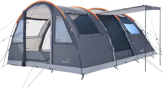 Skandika Gotland 5 Tent – Tenten – Campingtent – Voor 5 personen – Tunneltent – 210 cm stahoogte - Muggengaas – Familietent - Deelbare slaapcabine – 505 x 370 x 210 cm (L x B x H) - 5000mm waterkolom – Outdoor, Camping, Tuin – Kamperen – grijs/oranje van Merkloos