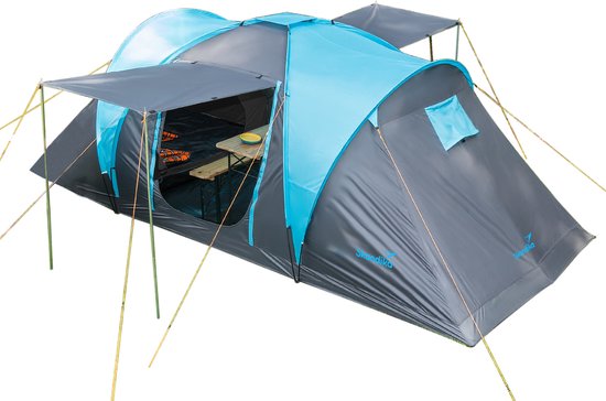 Skandika Hammerfest 4 Protect Koepeltent – Koepeltenten - Campingtent – Voor 4 personen – ingenaaide tentvloer – 200 cm stahoogte - Muggengaas – 2 slaapcabines – 220x500x200 cm (LxBxH) - 2000 mm waterkolom – Outdoor, Tuin - Kamperen – blauw/grijs van Skandika