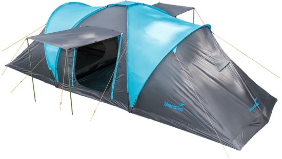 Skandika Hammerfest 4 Sleeper Protect Koepeltent – Koepeltenten - Campingtent 4 persoons – Sleeper technology (extra donkere slaapcabines) - Ingenaaide tentvloer - Verduisterend – 2 slaapcabines – 220 x 500 x 200 cm (LxBxH) – Kamperen – grijs/blauw van Merkloos