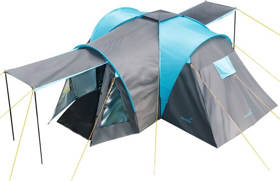 Skandika Hammerfest 6 Plus Koepeltent – Koepeltenten - Campingtent 6 personen, 2 m stahoogte, 2 slaapcabines, 2 ingangen, muggengaas, waterdicht – 620 x (220 + 195) x 200 cm (L x B x H) - Outdoor, campingtent, familietent – grijs/blauw van Skandika
