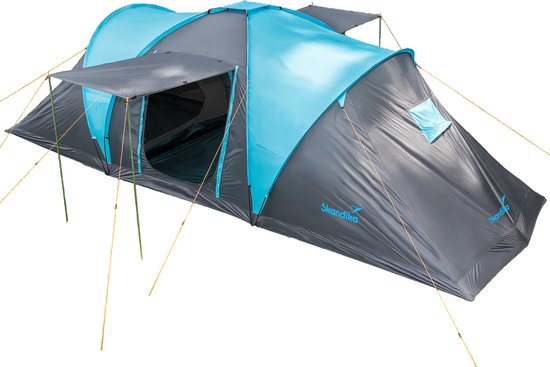 Skandika Hammerfest 6 Protect Koepeltent – Koepeltenten - Campingtent – Ingenaaide Tentvloer - Voor 6 personen – 200 cm stahoogte - Muggengaas – 2 slaapcabines – 620x220x200 cm (LxBxH) - 2000 mm waterkolom – Outdoor, Camping - Kamperen – grijs/blauw van Skandika