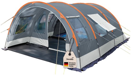 Skandika Helsinki Tent – Tenten – Familietent - Campingtent – Voor 6 personen – Tunneltent – 215 cm stahoogte - Muggengaas – 2 slaapcabines – 525 x 410 x 215 cm (L x B x H) - 5000 mm waterkolom – Outdoor, Camping, Tuin – Kamperen – grijs/oranje van Merkloos