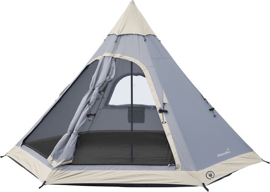 Skandika Hetta 335 Protect Tipi Tent – Tipi-tenten - Campingtent – Voor 4 personen – Muggengaas – 200 cm stahoogte – 335 cm diameter – Ingenaaide tentbodem – Indische tent, Partytent, Festivaltent – Outdoor, Camping, Tuin – Kamperen – grijs/beige van Skandika