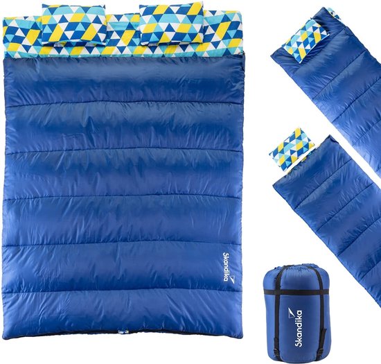 Skandika Iceland Double Flannel Slaapzak - Slaapzak – Slaapzakken volwassen – Inclusief 2 hoofdkussens - Unisex - Katoen, luxe kwaliteit, dubbele slaapzak, voor 2 personen, 3 seizoenen, 220 x 150 cm - Outdoor kampeerslaapzak – blauw van Skandika