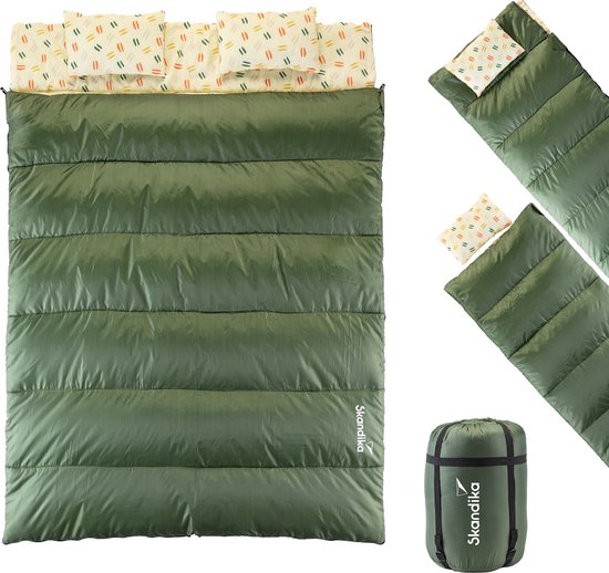 Skandika Iceland Double Slaapzak - Slaapzak – Slaapzakken volwassen – Inclusief 2 hoofdkussens - Unisex - Katoen, luxe kwaliteit, dubbele slaapzak, voor 2 personen, 3 seizoenen, 220 x 150 cm - Outdoor kampeerslaapzak – groen van Merkloos