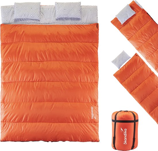 Skandika Iceland Double Slaapzak - Slaapzak – Slaapzakken volwassen – Inclusief 2 hoofdkussens - Unisex - Katoen, luxe kwaliteit, dubbele slaapzak, voor 2 personen, 3 seizoenen, 220 x 150 cm - Outdoor kampeerslaapzak – oranje van Merkloos