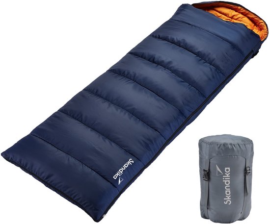 Skandika Iceland-R Slaapzak - Slaapzak – Slaapzakken volwassen – Unisex - Polykatoen, zachte binnenvoering, voor 2 personen, met draagtas, koppelbaar , tot 0 ° C / 3 ° C / 5 ° C - 220 x 80 cm - Outdoor kampeerslaapzak – Ritssluiting rechts – blauw van Merkloos