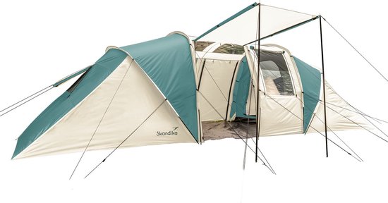 Skandika Kalmar Koepeltent – Koepeltenten - Kampeertent voor 6 personen, dakraam, insteekbodem, draagtas, 3000 mm waterkolom, 2 slaapcabines, familietent – 2 ingangen - Tent voor kamperen, outdoor, festival – 670 x 230 x 190 cm (LxBxH) – beige/groen van Skandika