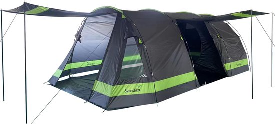 Skandika Kambo 12 Tent – Tunneltenten – Campingtent – Voor 12 personen – 3 ingangen - Tunneltent – Muggengaas – 2 slaapcabines – 620 x 365 x 200 cm (L x B x H) - 3000 mm waterkolom – Outdoor, Camping, Tuin – Kamperen – antriciet/groen van Skandika