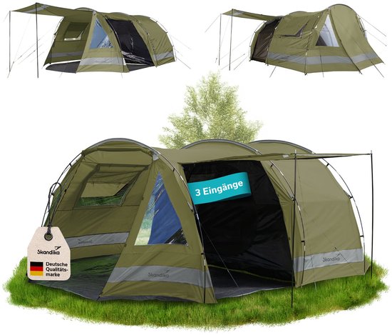 Skandika Kambo 4 Tent – Tunneltenten – Campingtent – Voor 4 personen – 3 ingangen - Tunneltent – Muggengaas – 1 slaapcabine – 420 x 275 x 165 cm (L x B x H) - 3000 mm waterkolom – Outdoor, Camping, Tuin – Kamperen – groen/zwart van Skandika
