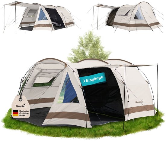 Skandika Kambo tunneltent voor 4 personen - Donkere slaapcabine met zilvercoating, 3000 mm waterkolom, 3 ingangen, zonneluifel, voortent, met inlegvloer | Kampeertent in beige van Merkloos