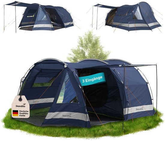Skandika Kambo tunneltent voor 4 personen - Donkere slaapcabine met zilvercoating, 3000 mm waterkolom, 3 ingangen, zonnescherm, voorruimte met inlegvloer | Donkerblauw campingtent van Merkloos