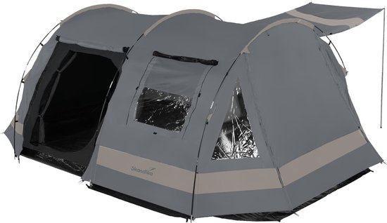 Skandika Kambo tunneltent voor 4 personen - Verduisterde slaapcabine met zilvercoating, 3000 mm waterkolom, 3 ingangen, zonneluifel, voortent, met losse grondzeil | Kampeertent in grijs van Merkloos