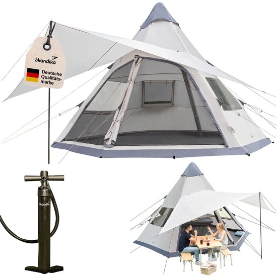 Skandika lucht­tent Tipi Hetta 460 Air Protect - Opblaasbare familietent voor 6 personen, 2,95 m stahoogte, 3000 mm waterkolom, ingenaaide tentvloer, UV 50+ | Campingtent, festivaltent, indianentent van Skandika