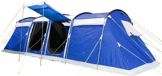 Skandika Montana 10 Sleeper Protect Tent – Tenten – Familietent – Sleeper technology (extra donkere slaapcabines) - Verduisterend - Campingtent 10 persoons – Ingenaaide tentvloer – 2-4 slaapcabines – 700x370x200 cm (LxBxH) – Kamperen – blauw/wit van Skandika