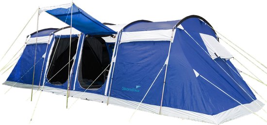 Skandika Montana 8 Sleeper Protect Tent – Tunneltenten – Familietent 8 persoons - Campingtent – Sleeper technology (extra donkere slaapcabines) - Ingenaaide tentvloer - Verduisterend – 3-4 slaapcabines – 700x310x200 cm (LxBxH) – Kamperen – blauw/wit van Skandika