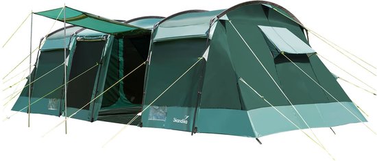 Skandika Montana 8 Sleeper Tunneltent – Tunneltenten – Familietent 8 persoons – Sleeper Technology (extra donkere slaapcabines), 3-4 zwarte slaapcabines, 4 ingangen, kampeertent, muggengaas - Grote familietent – 700 x 310 x 200 cm (LxBxH) – groen van Skandika