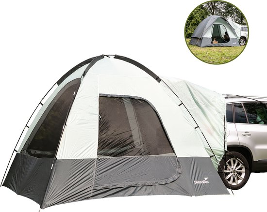 Skandika Pitea SUV Tent – Koepeltenten – 4 persoons tent voor mini bus, van, SUV, Caddy, CUV – Campingtent – Muggengaas – 220 cm stahoogte – 3m x 3m – 3000 mm waterkolom – Vrijstaand, ingenaaide tentbodem – Kamperen – beige/grijs van Skandika