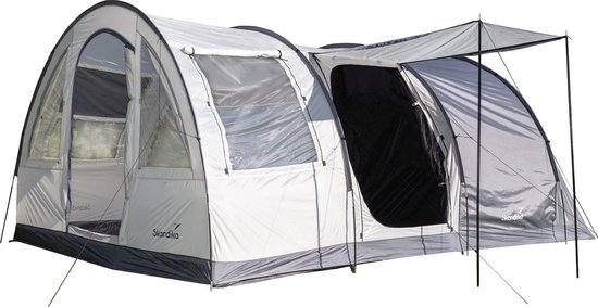 Skandika Simo 4 Tent – Tenten – Campingtent – Voor 4 personen – 3 ingangen – Ingenaaide tentvloer - Tunneltent – Muggengaas – Verduisterende slaapcabine - 450 x 260 x 190 cm (L x B x H) - 3000 mm waterkolom – Camping, Tuin – Kamperen – wit/grijs van Skandika