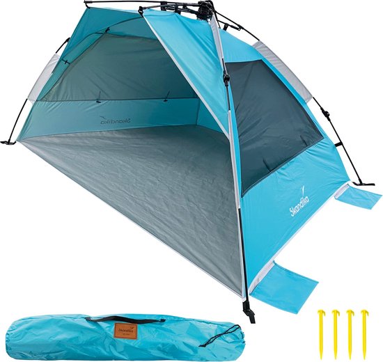 Skandika Skal Strandtent – Strandtenten - Quick-Start, UV-bescherming 80+, gaas panoramavenster, windbescherming, zonbescherming, privacyscherm, zandharingen - Strandtentje voor familie, kinderen, baby - 155 tot 235 x 135 x 105 cm (LxBxH) – blauw van Skandika