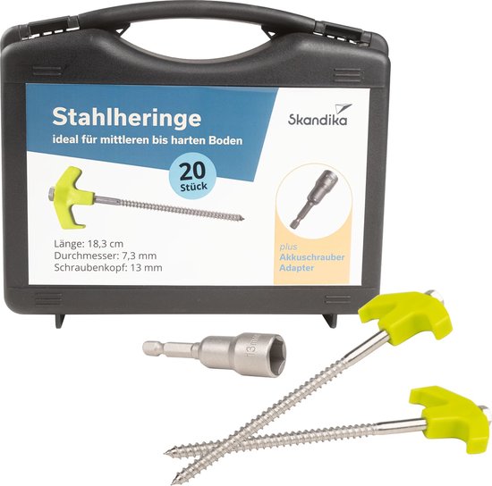 Skandika Stalen Tentharingen – Tentharingen - 20 stalen haringen set voor harde ondergrond - Stabiele stormbestendige haringen met schroefdraad - Accuschroevendraaier, schroefharingen, grondanker – 18.3 x 7.3 mm (LxB) – Kampeeraccessoires van Skandika