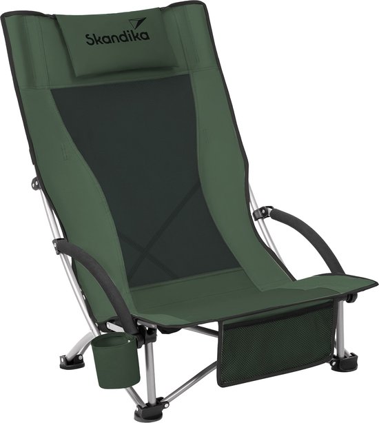 Skandika strand klapstoel Beach - Comfortabele strandstoel met ademend mesh, bekerhouder, laag, eenvoudig te vervoeren, max. 136 kg | Opvouwbare campingstoel, ligstoel (zwart/groen) van Merkloos