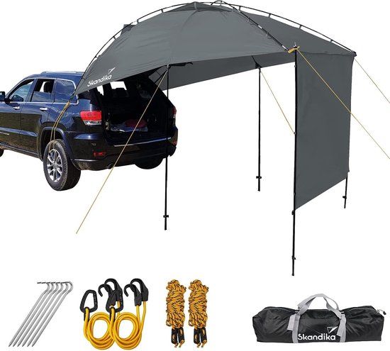 Skandika SUV Zonneluifel – Voortenten - Zonneluifel – Voor auto, achterklep, vrijstaand, zelfs zonder auto mogelijk, palen, met zijwand, 3000 mm waterkolom, inclusief draagtas – Achtertent – Tarp – Zonwering - Autoluifel – 350x190cm (LxB) – grijs van Skandika