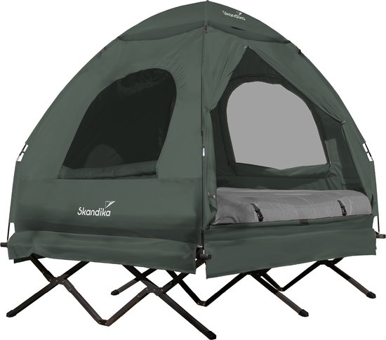 Skandika tentbed Haug voor 2 personen - Tentbed, verhoogd campingbed, luchtmatras, waterdicht, outdoor veldbed, tot 160 kg | 4-in-1 vissertent, bedtent, karperbed, veldbedtent (army groen) van Merkloos